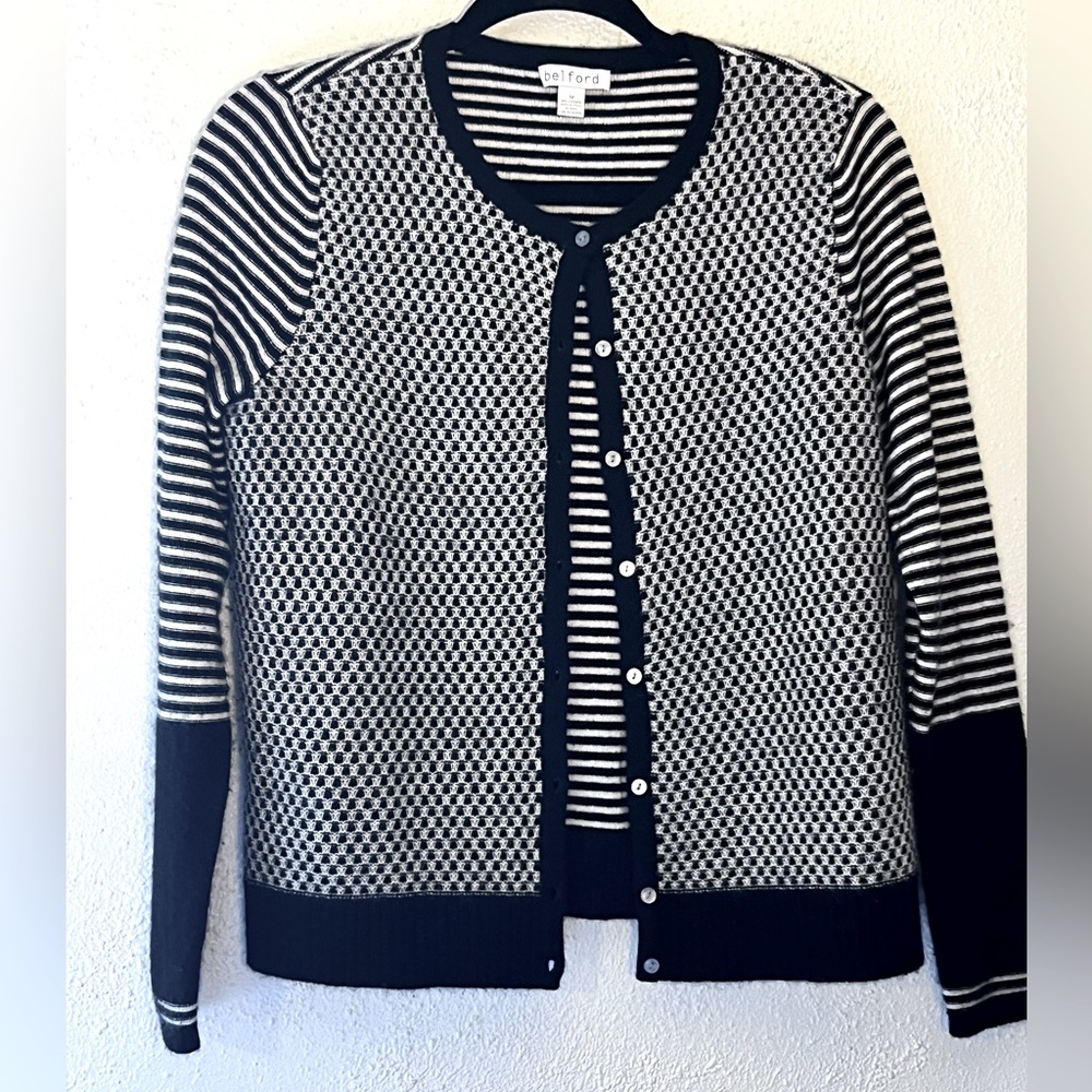 Belford Black & White Printed 100% Cashmere Preppy Old Money Cardigan Size M